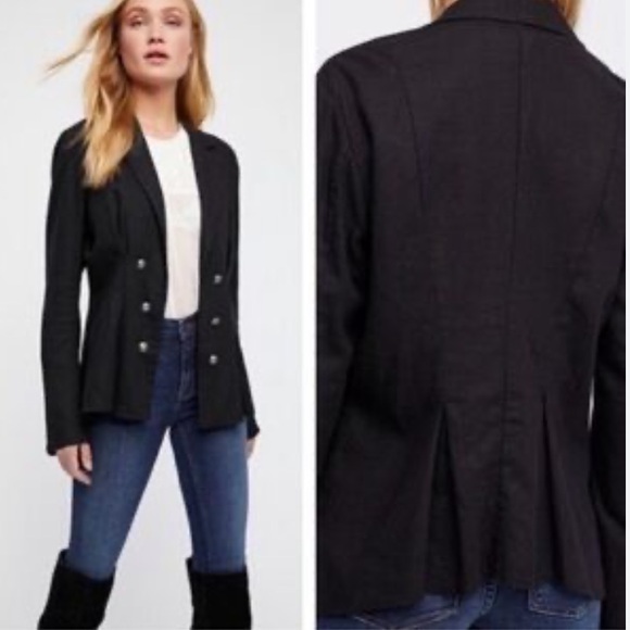 FREE PEOPLE Women Cinched Waist Linen Blend Black Blazer | S - Picture 1 of 13